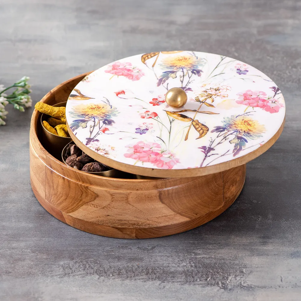 Pink Patterned Wood & Stainless Steel Jars Masala/ Spice Box