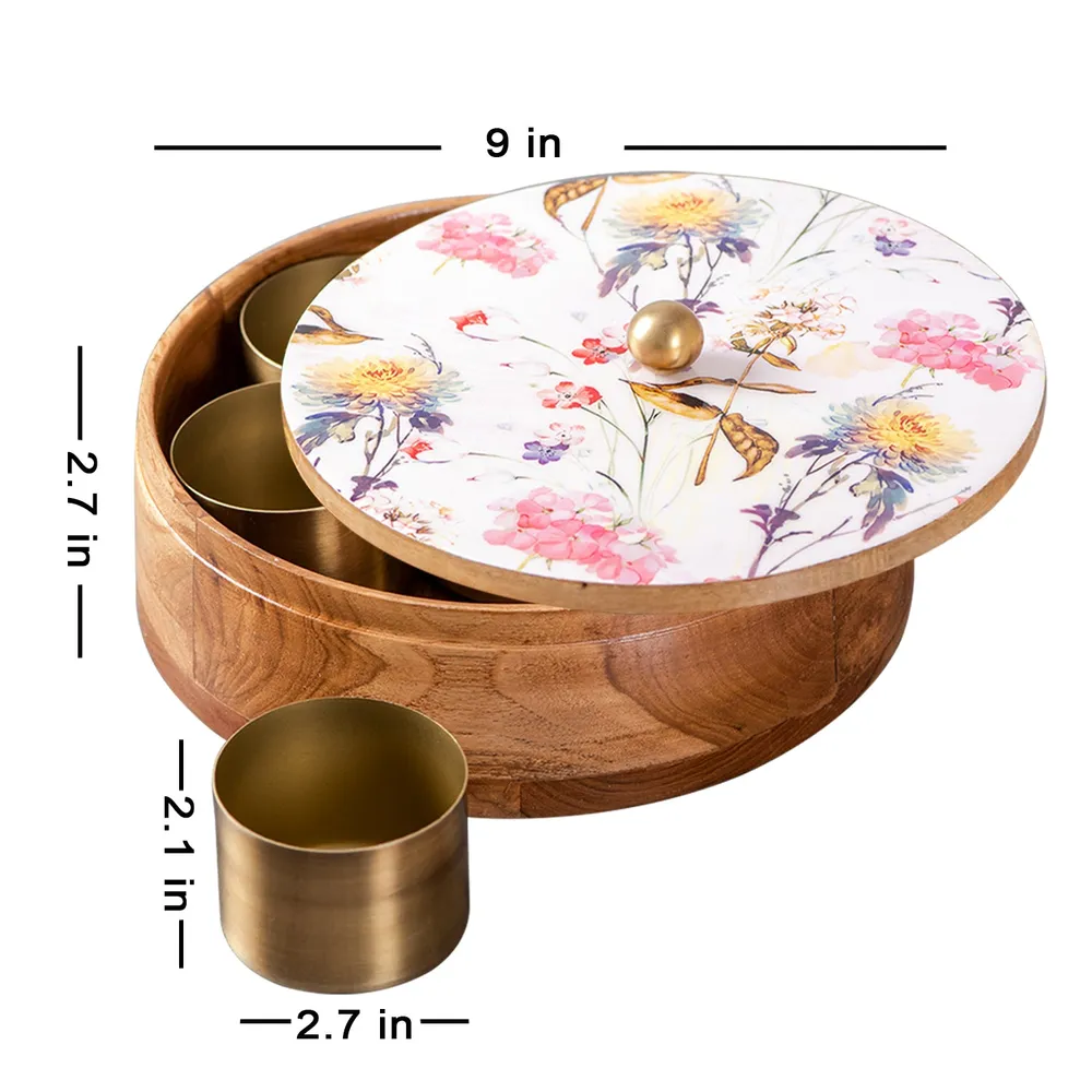 Pink Patterned Wood & Stainless Steel Jars Masala/ Spice Box