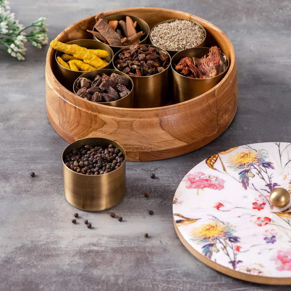 Pink Patterned Wood & Stainless Steel Jars Masala/ Spice Box