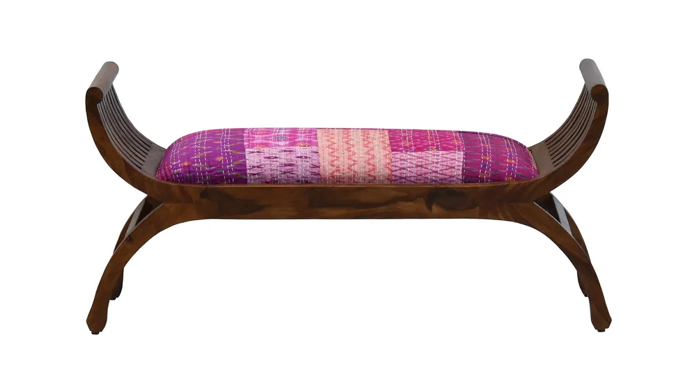 Pink Traditional Kantha Gudri Patchwork Natural Brown Wooden Two Seater Sofa