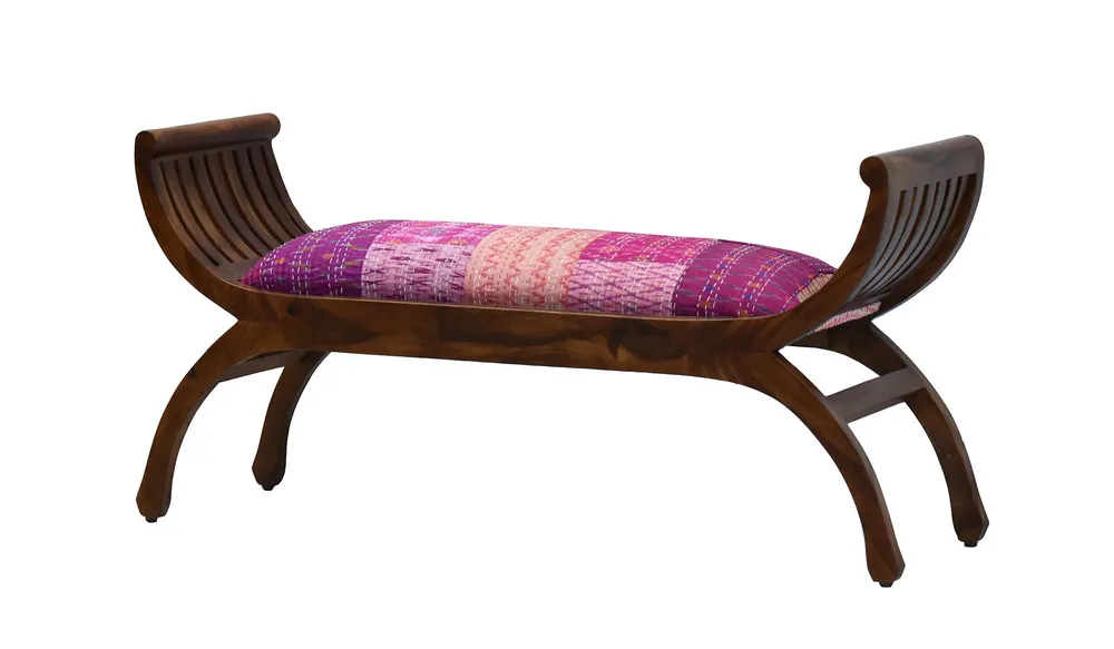 Pink Traditional Kantha Gudri Patchwork Natural Brown Wooden Two Seater Sofa