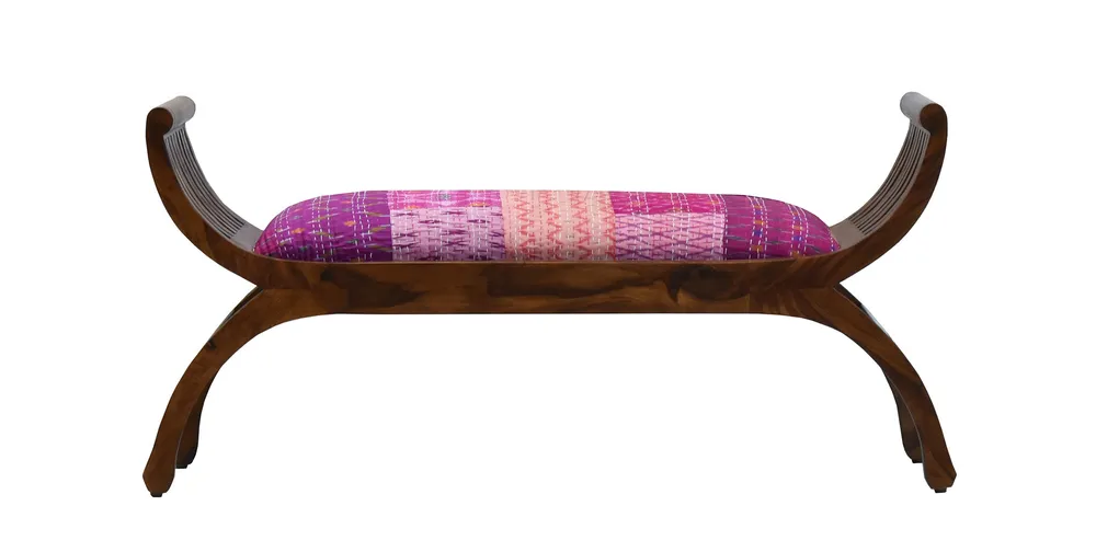 Pink Traditional Kantha Gudri Patchwork Natural Brown Wooden Two Seater Sofa
