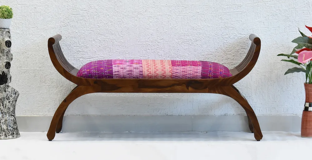 Pink Traditional Kantha Gudri Patchwork Natural Brown Wooden Two Seater Sofa