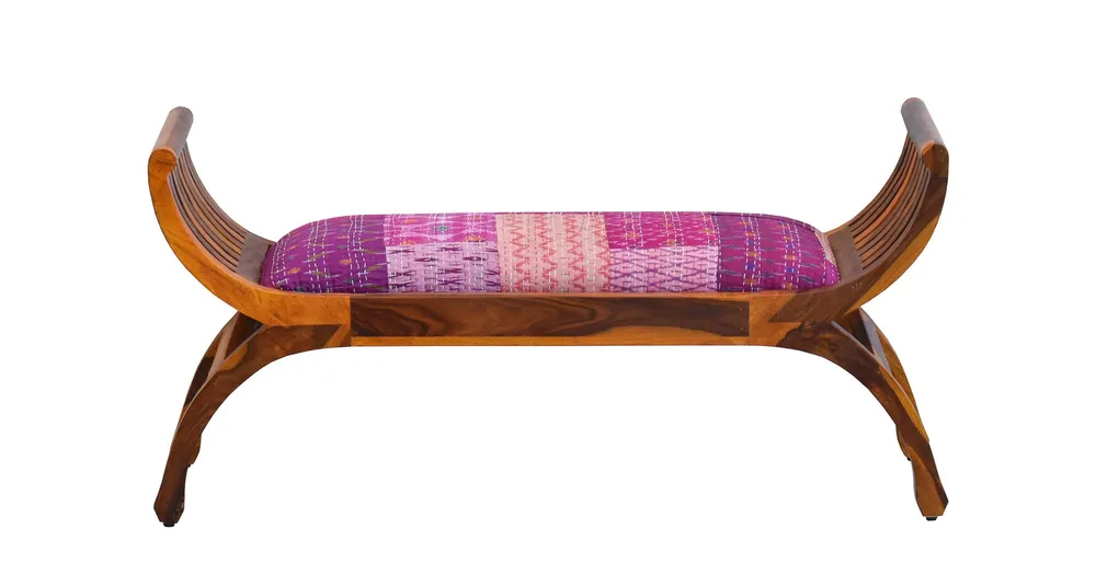 Pink Traditional Kantha Gudri Patchwork Yellow Brown Wooden Two Seater Sofa