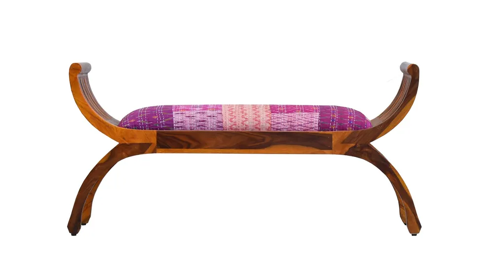 Pink Traditional Kantha Gudri Patchwork Yellow Brown Wooden Two Seater Sofa