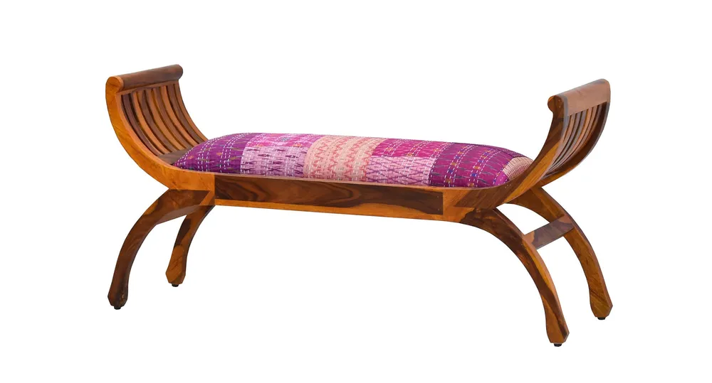 Pink Traditional Kantha Gudri Patchwork Yellow Brown Wooden Two Seater Sofa