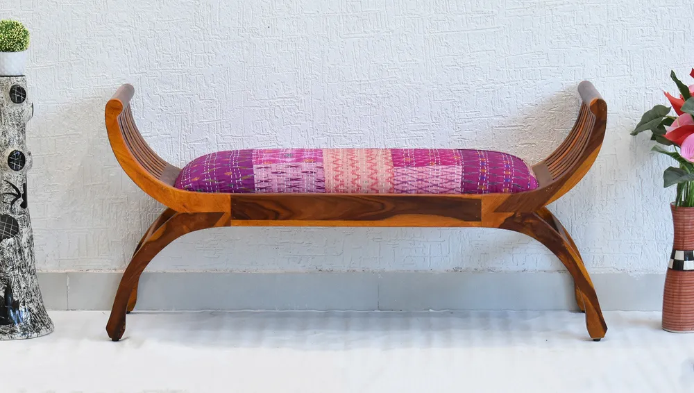 Pink Traditional Kantha Gudri Patchwork Yellow Brown Wooden Two Seater Sofa