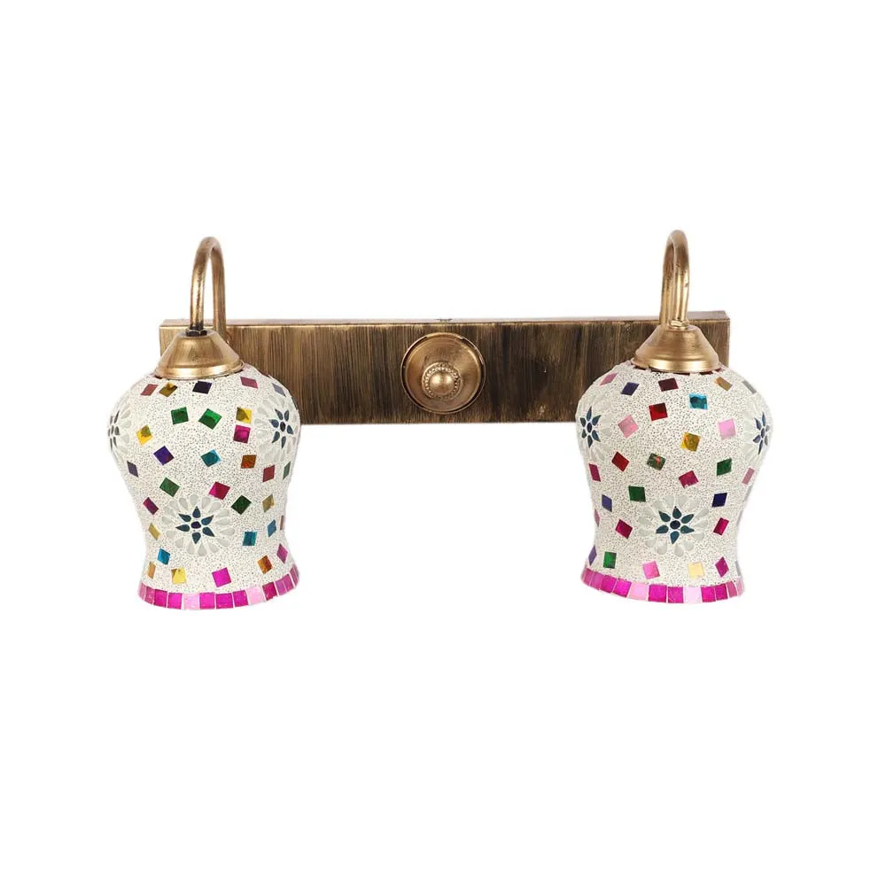 Pink & White Mosaic Glass Long Fixture Dual Wall Light