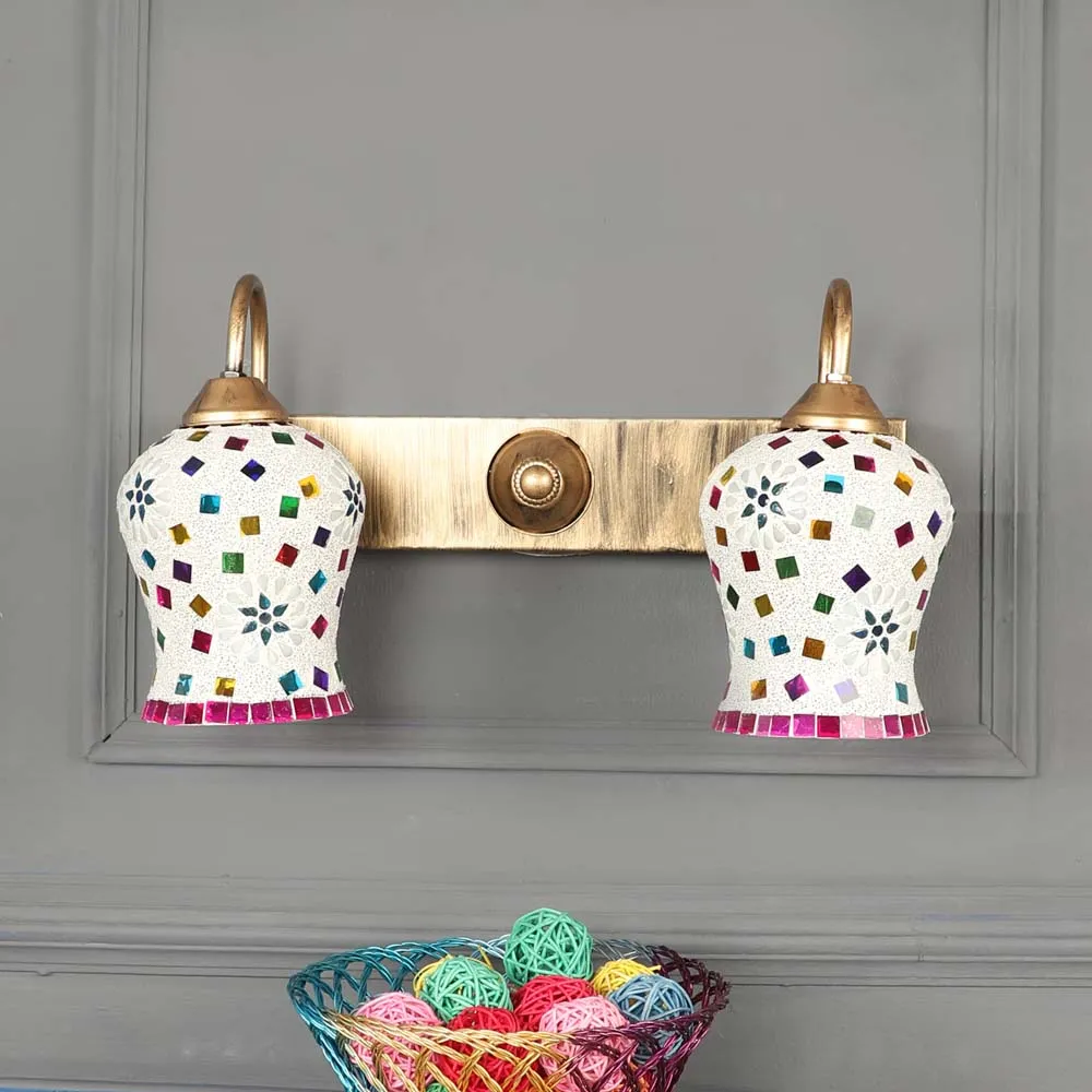 Pink & White Mosaic Glass Long Fixture Dual Wall Light