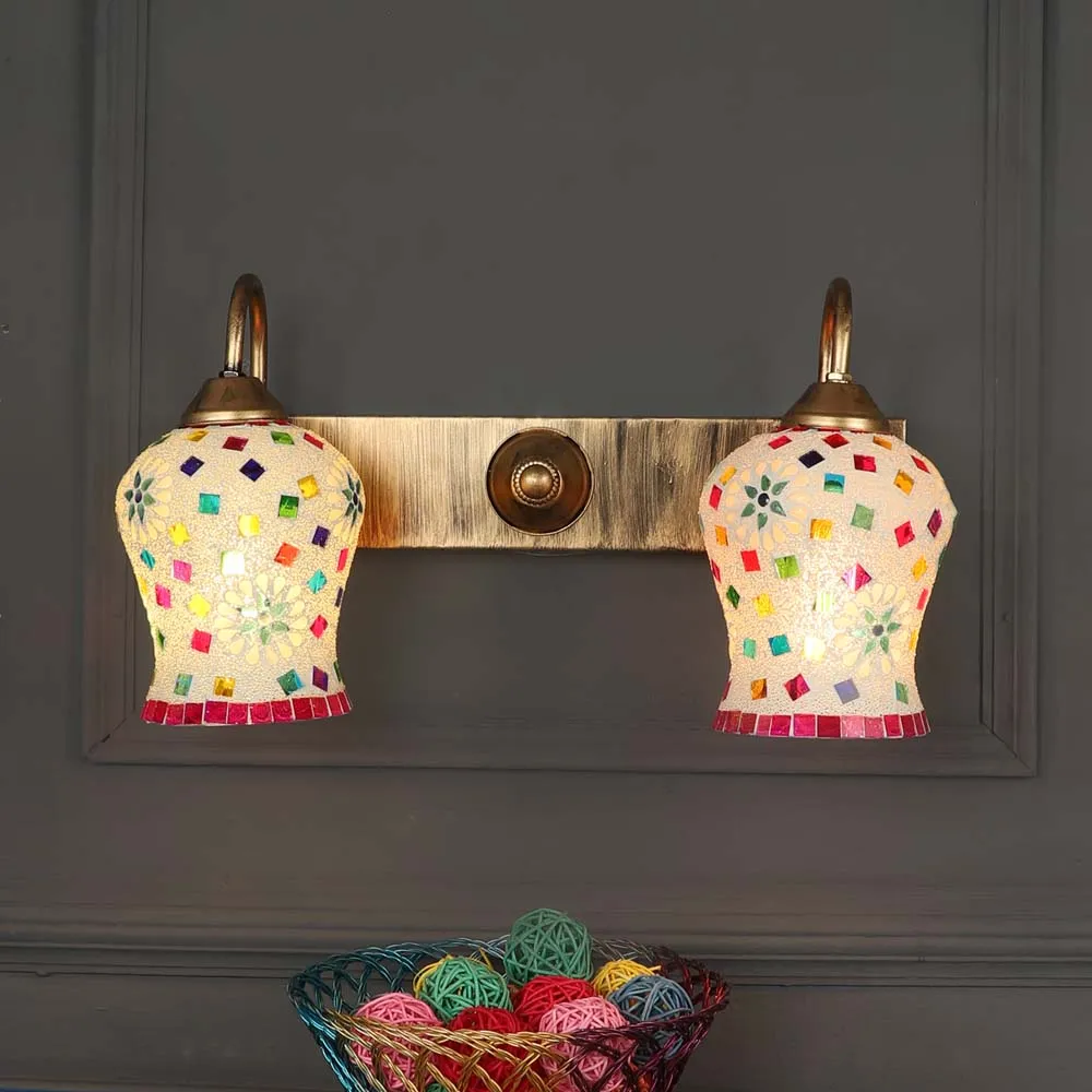 Pink & White Mosaic Glass Long Fixture Dual Wall Light