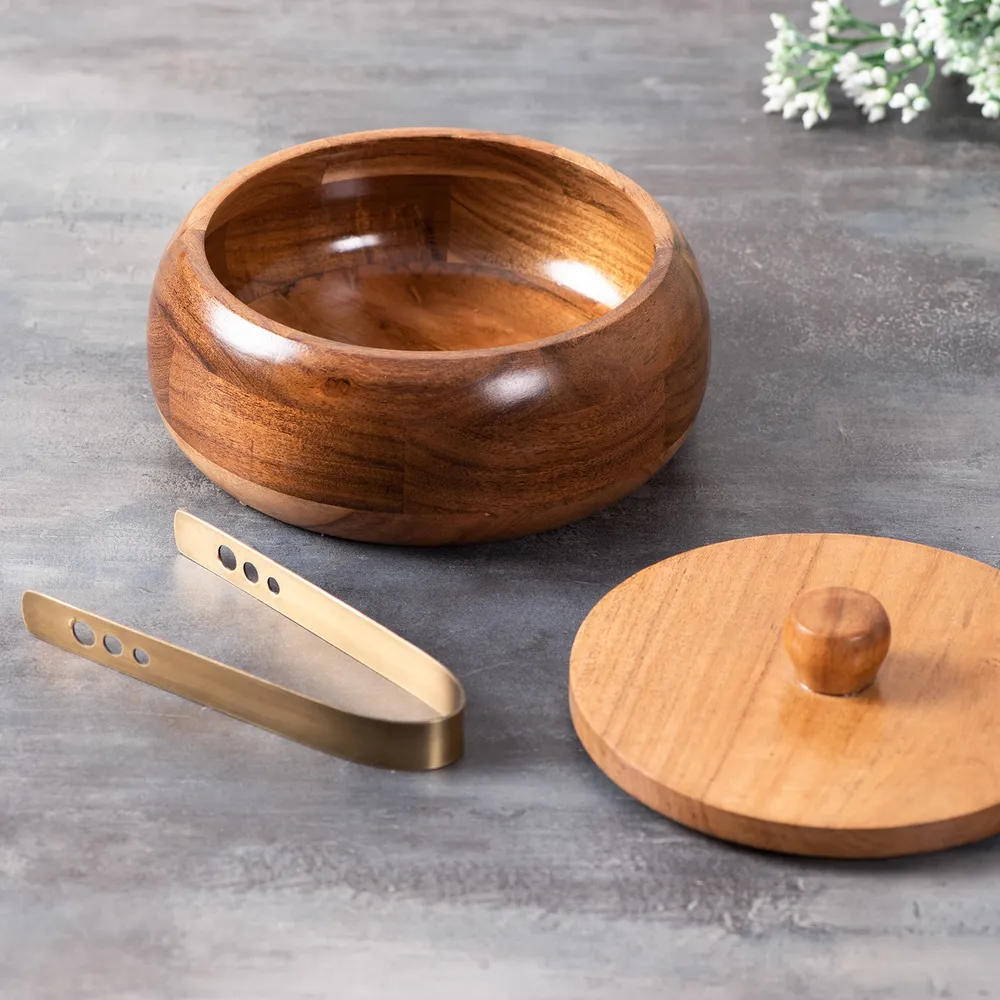 Pink Wood With Enamel Casserole/Chapatti Box With Tong