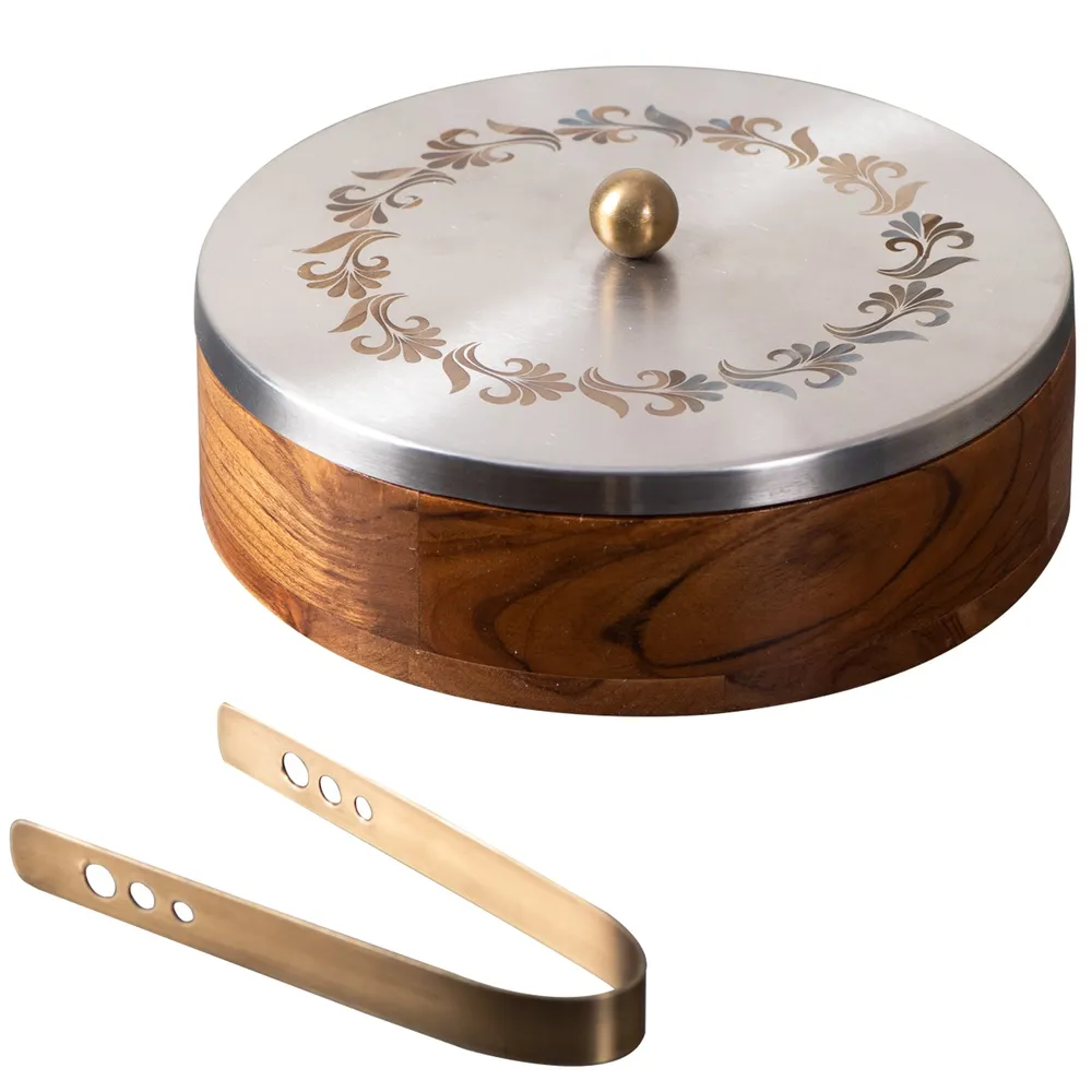 Pink Wooden With Enamel Casserole/Chapatti Box With Tong