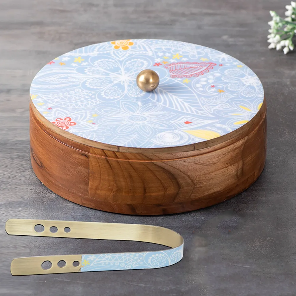 Pink Wooden With Enamel Casserole/Chapatti Box With Tong