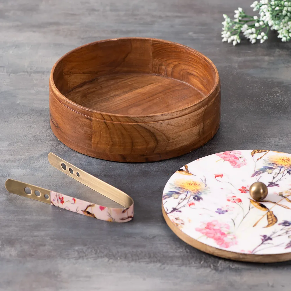 Pink Wooden With Enamel Casserole/Chapatti Box With Tong
