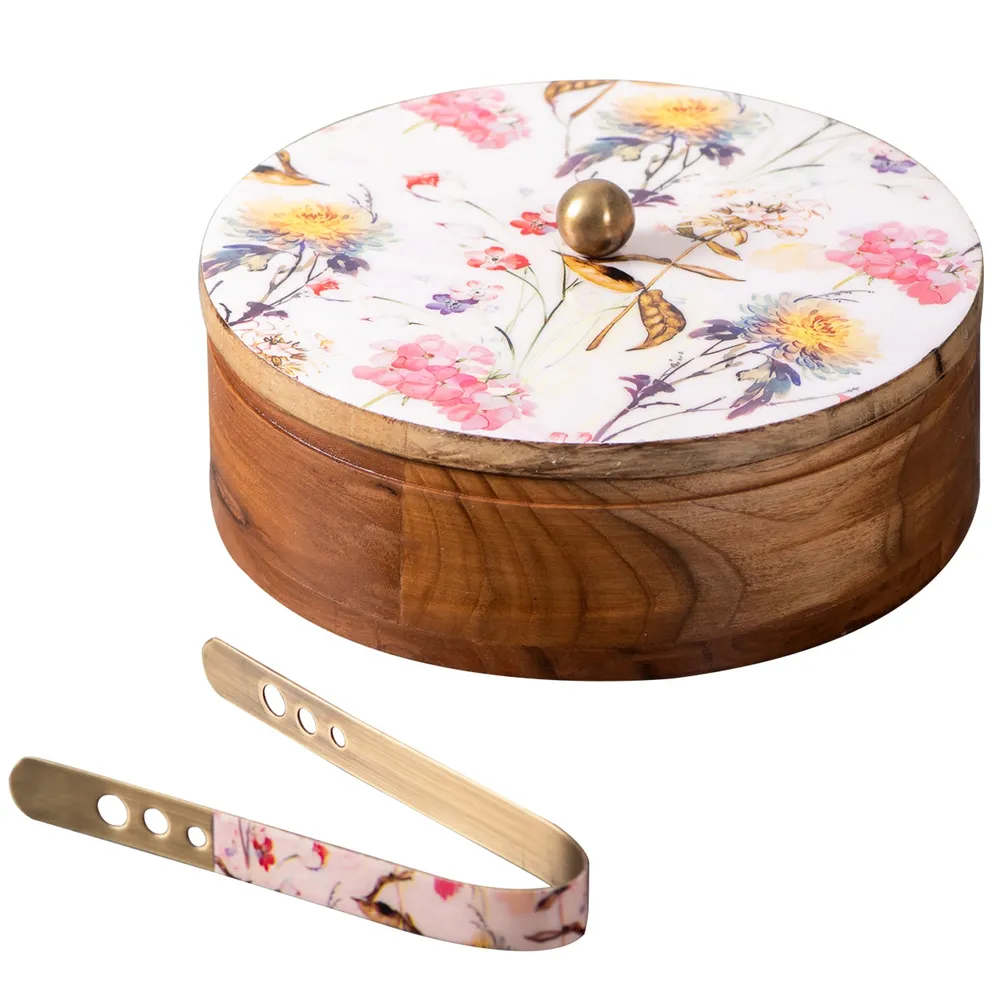 Pink Wooden With Enamel Casserole/Chapatti Box With Tong