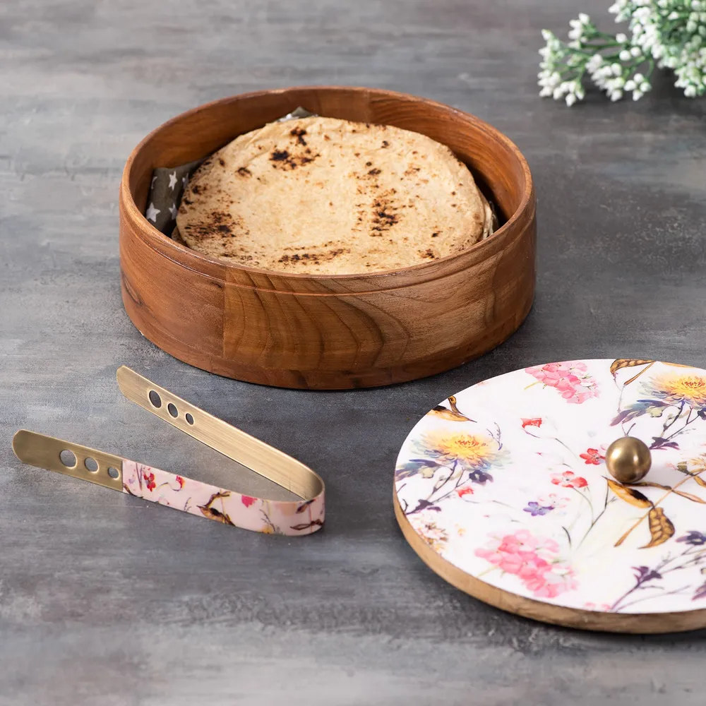 Pink Wooden With Enamel Casserole/Chapatti Box With Tong