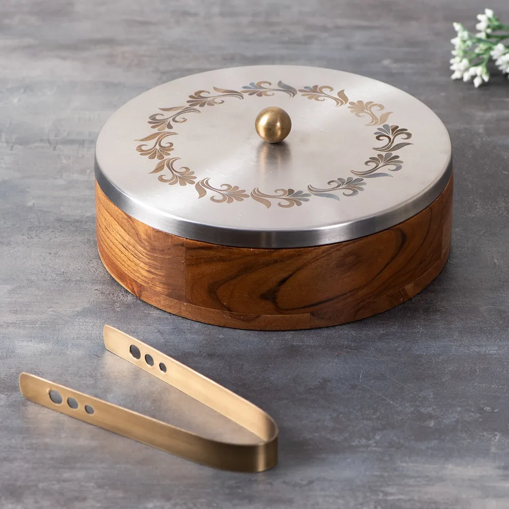 Pink Wooden With Enamel Casserole/Chapatti Box With Tong