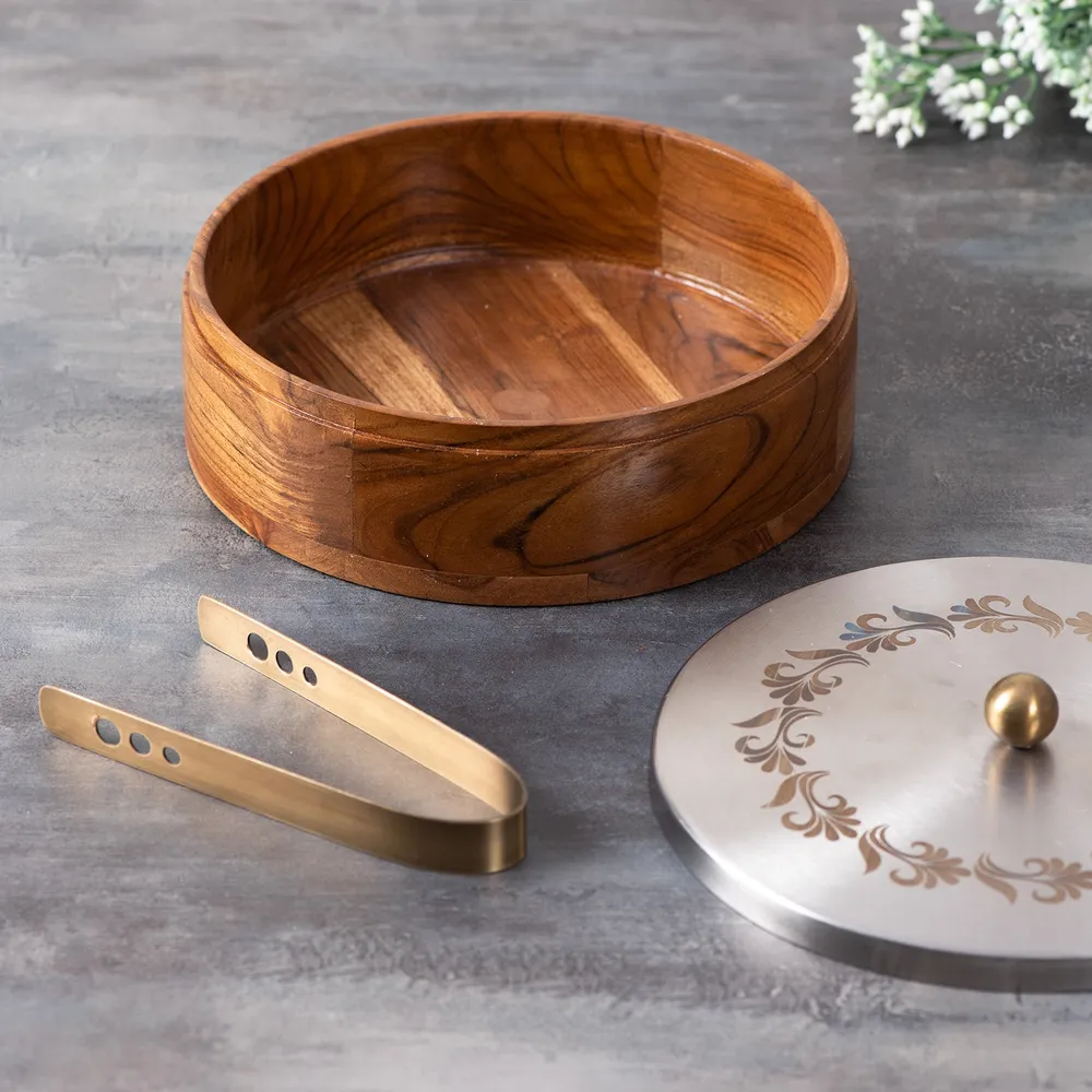 Pink Wooden With Enamel Casserole/Chapatti Box With Tong