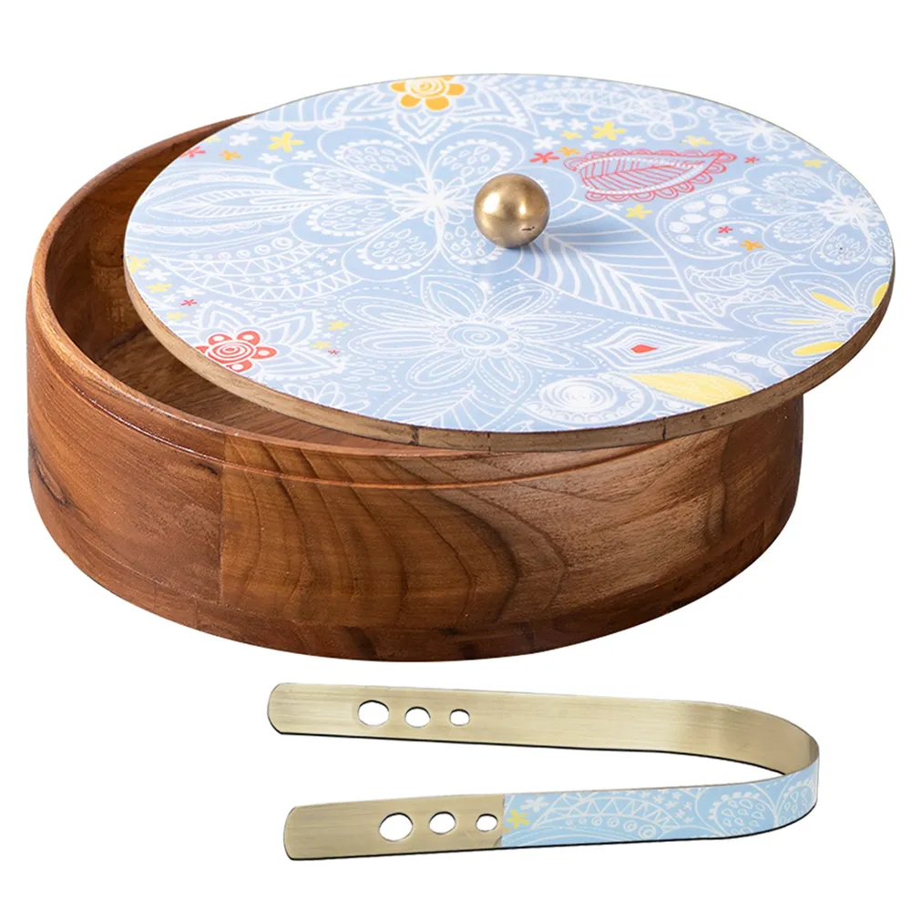 Pink Wooden With Enamel Casserole/Chapatti Box With Tong