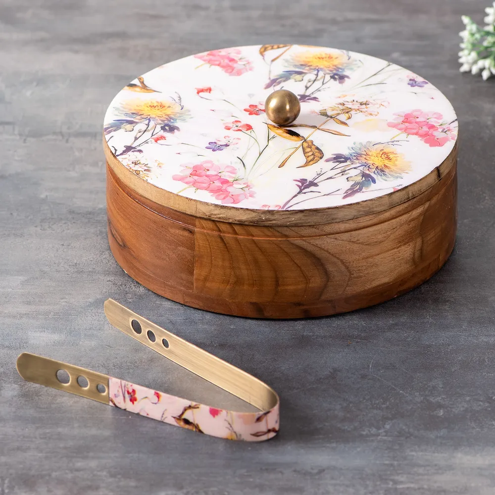 Pink Wooden With Enamel Casserole/Chapatti Box With Tong