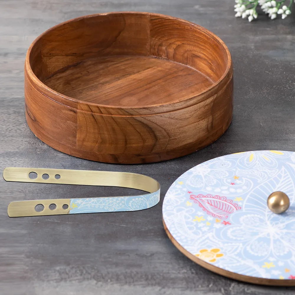 Pink Wooden With Enamel Casserole/Chapatti Box With Tong