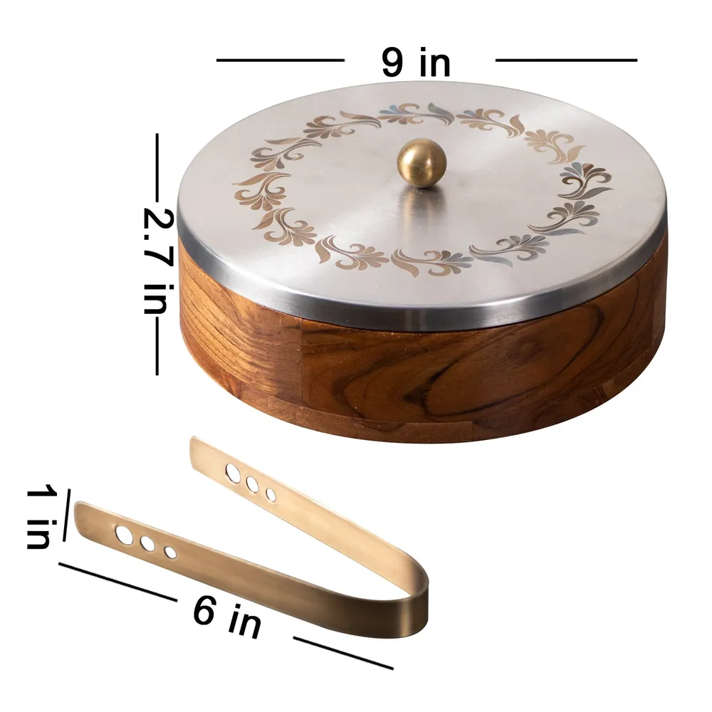 Pink Wooden With Enamel Casserole/Chapatti Box With Tong