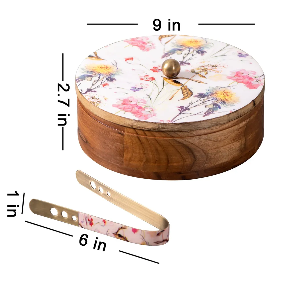 Pink Wooden With Enamel Casserole/Chapatti Box With Tong