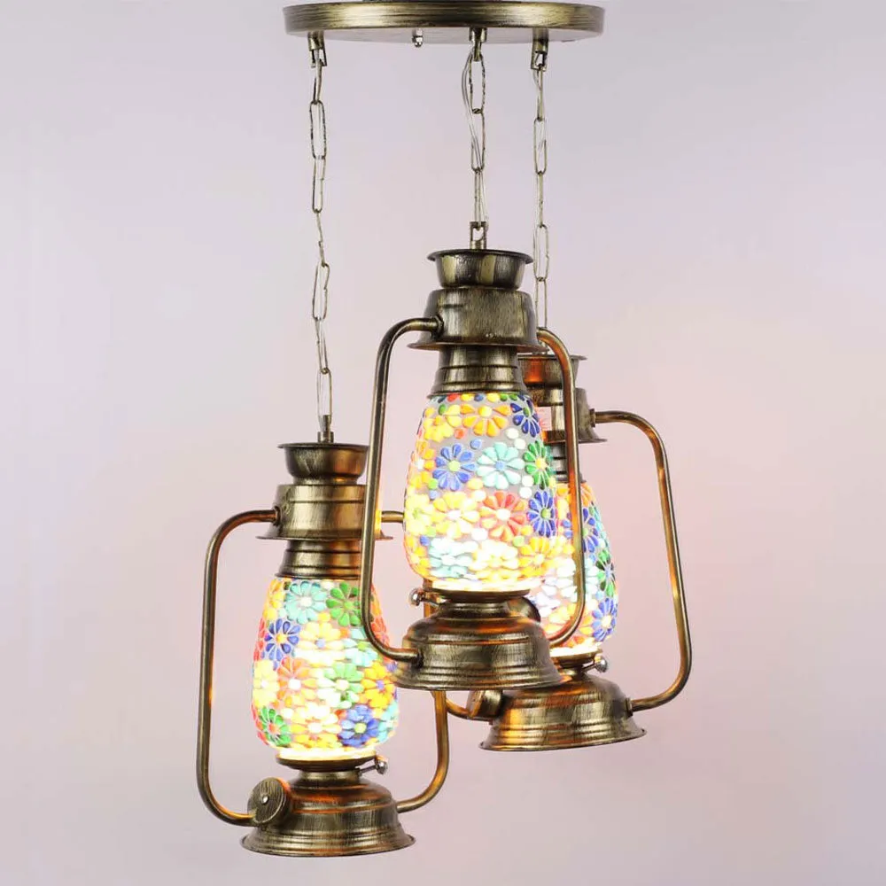 Plain Glass Real Hurricane Copper Finish Cluster Hanging Light