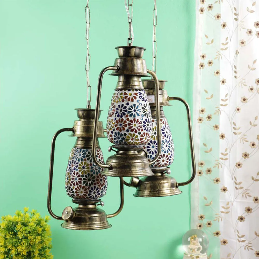 Plain Glass Real Hurricane Copper Finish Cluster Hanging Light