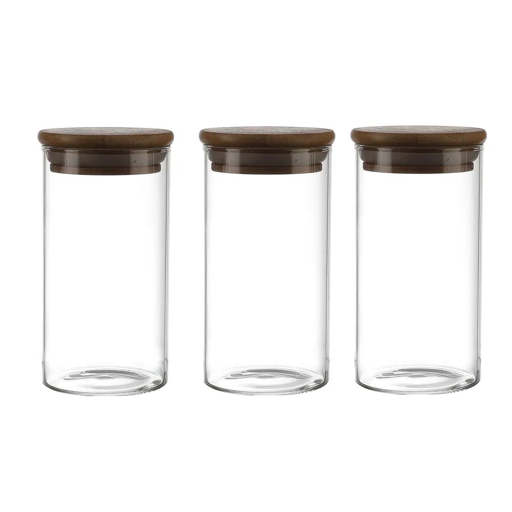 Plain Glass Slender Kitchen Storage Jars With Bamboo Lids Set Of 3