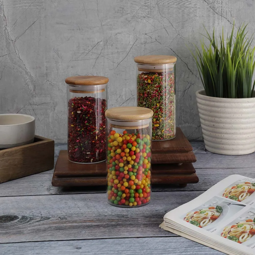 Plain Glass Slender Kitchen Storage Jars With Bamboo Lids Set Of 3