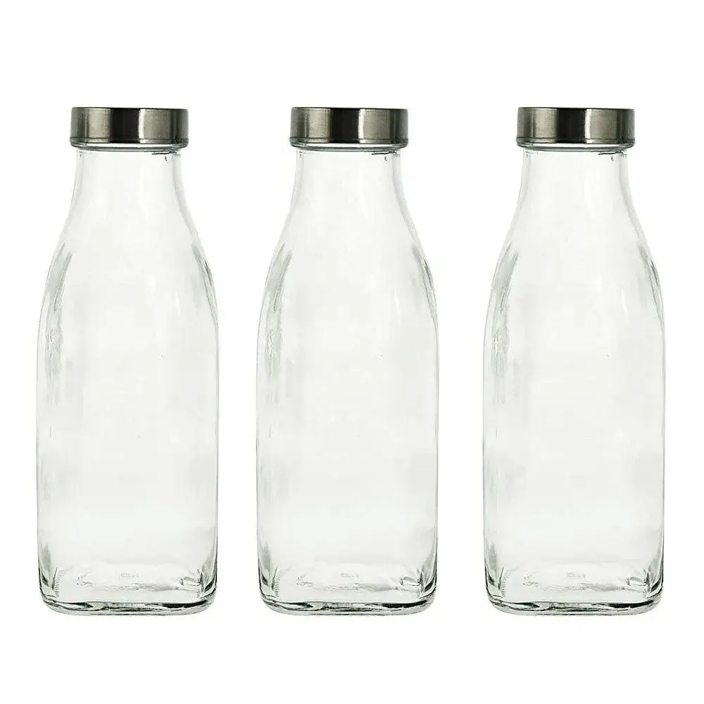 Plain Square Transparent Glass Water Bottles Set Of 3