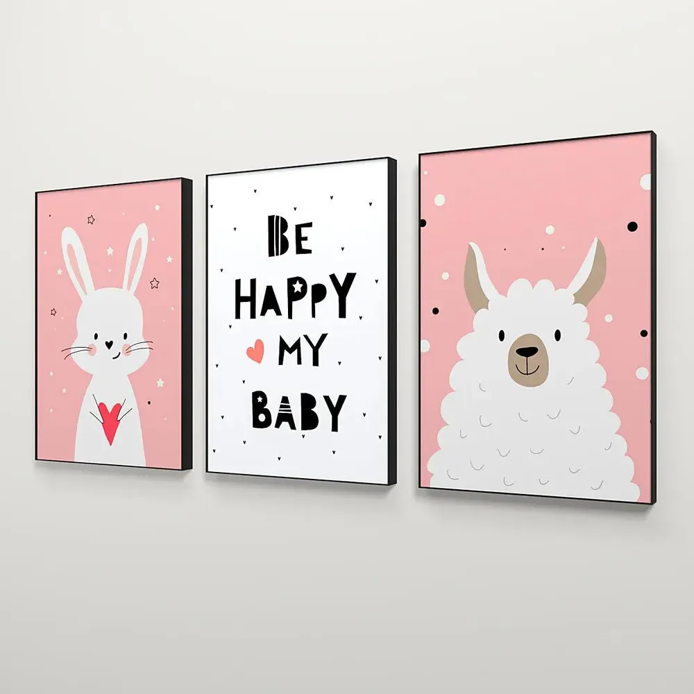 Playful Baby Sheep &amp; Rabbit Kids Room Wall Frame Set of 3