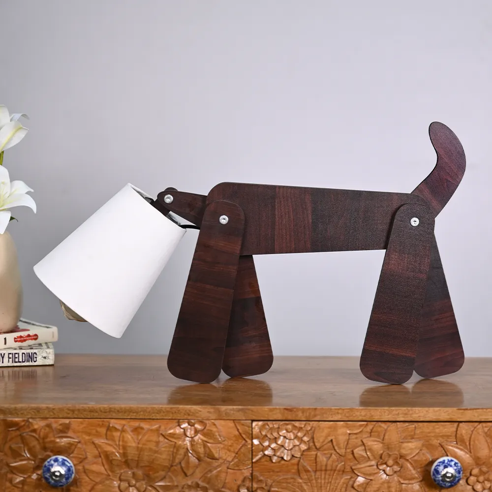 Playful Dog Wooden Table Lamp Single Piece