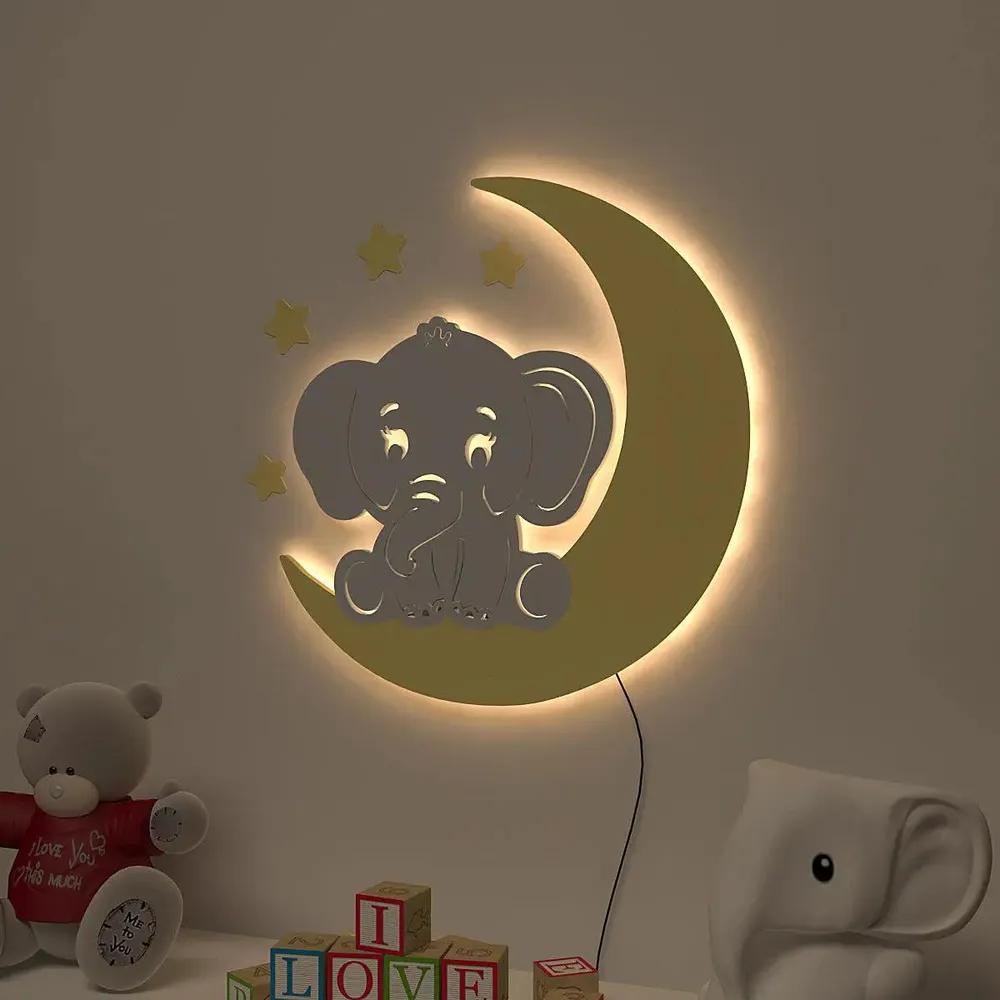 Playful Elephant &amp; Moon Backlit Wooden Wall Décor