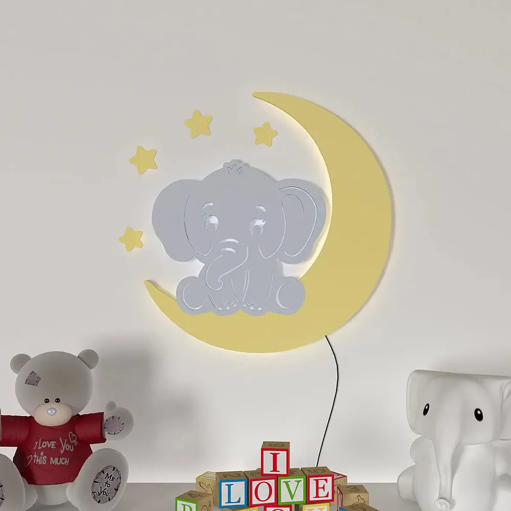 Playful Elephant &amp; Moon Backlit Wooden Wall Décor