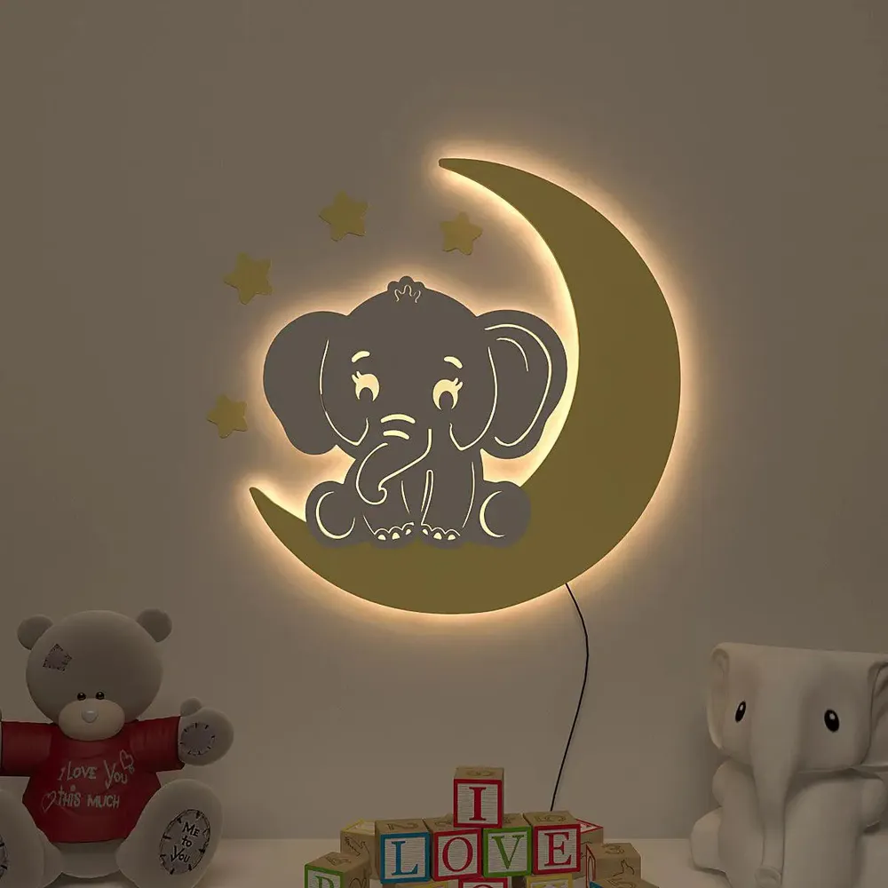 Playful Elephant &amp; Moon Backlit Wooden Wall Décor