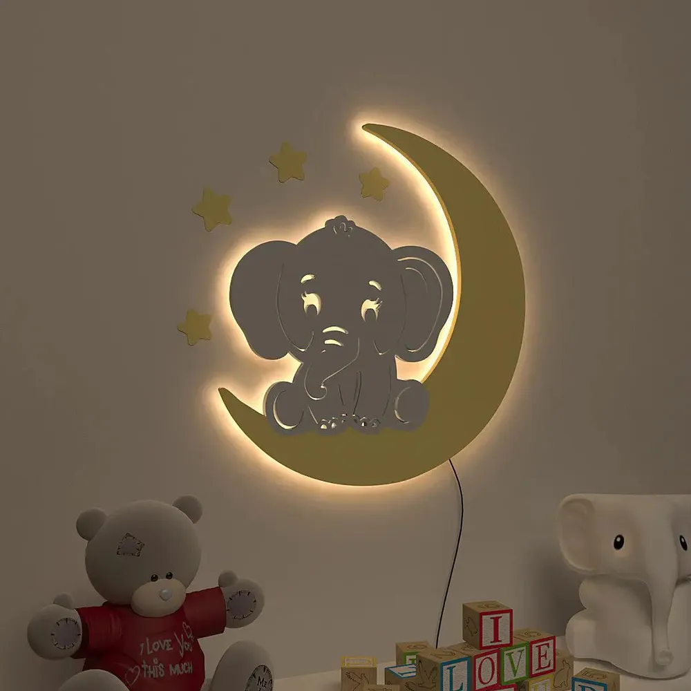 Playful Elephant &amp; Moon Backlit Wooden Wall Décor