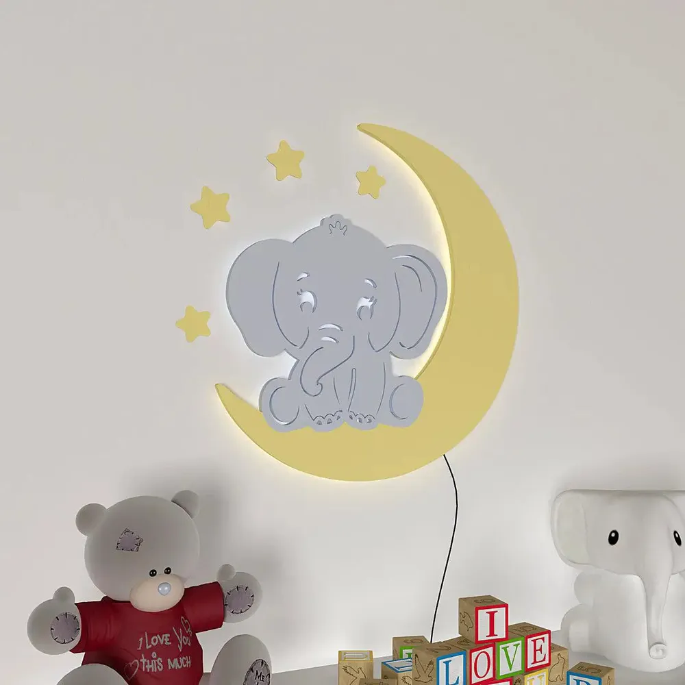 Playful Elephant &amp; Moon Backlit Wooden Wall Décor