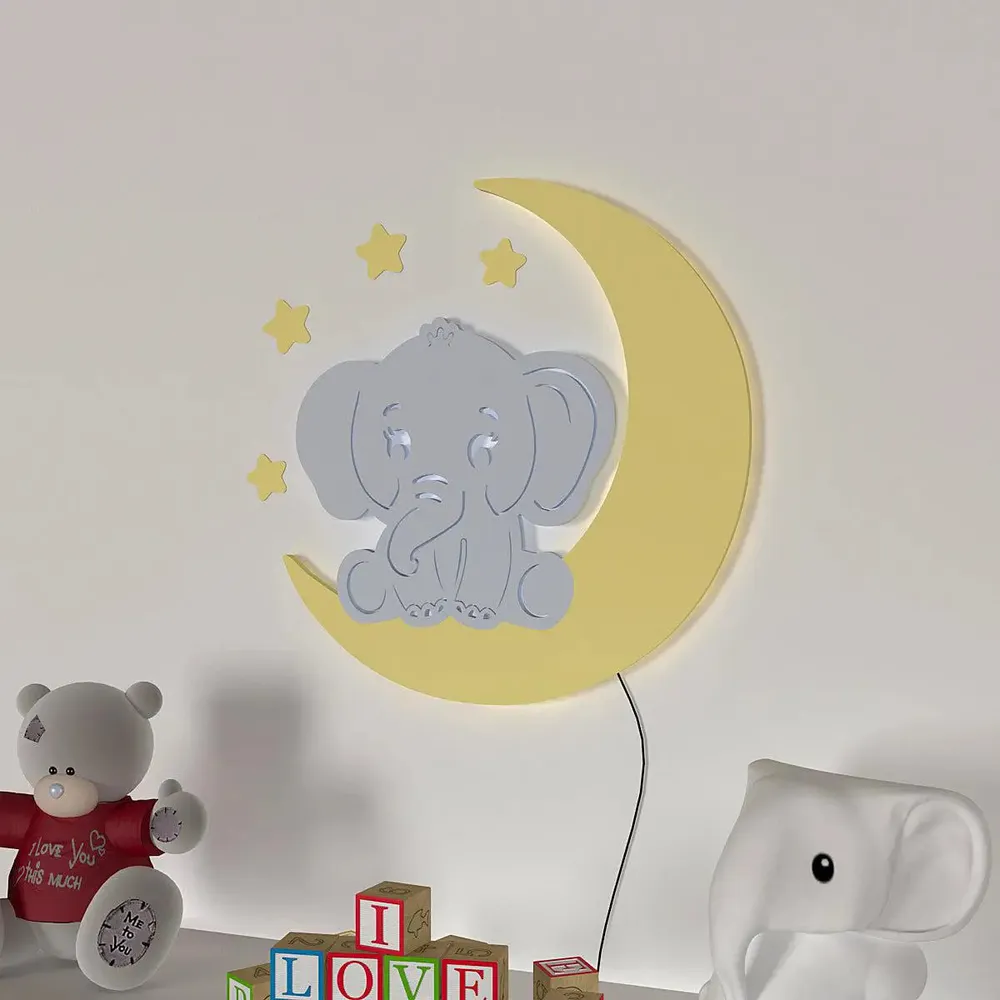 Playful Elephant &amp; Moon Backlit Wooden Wall Décor