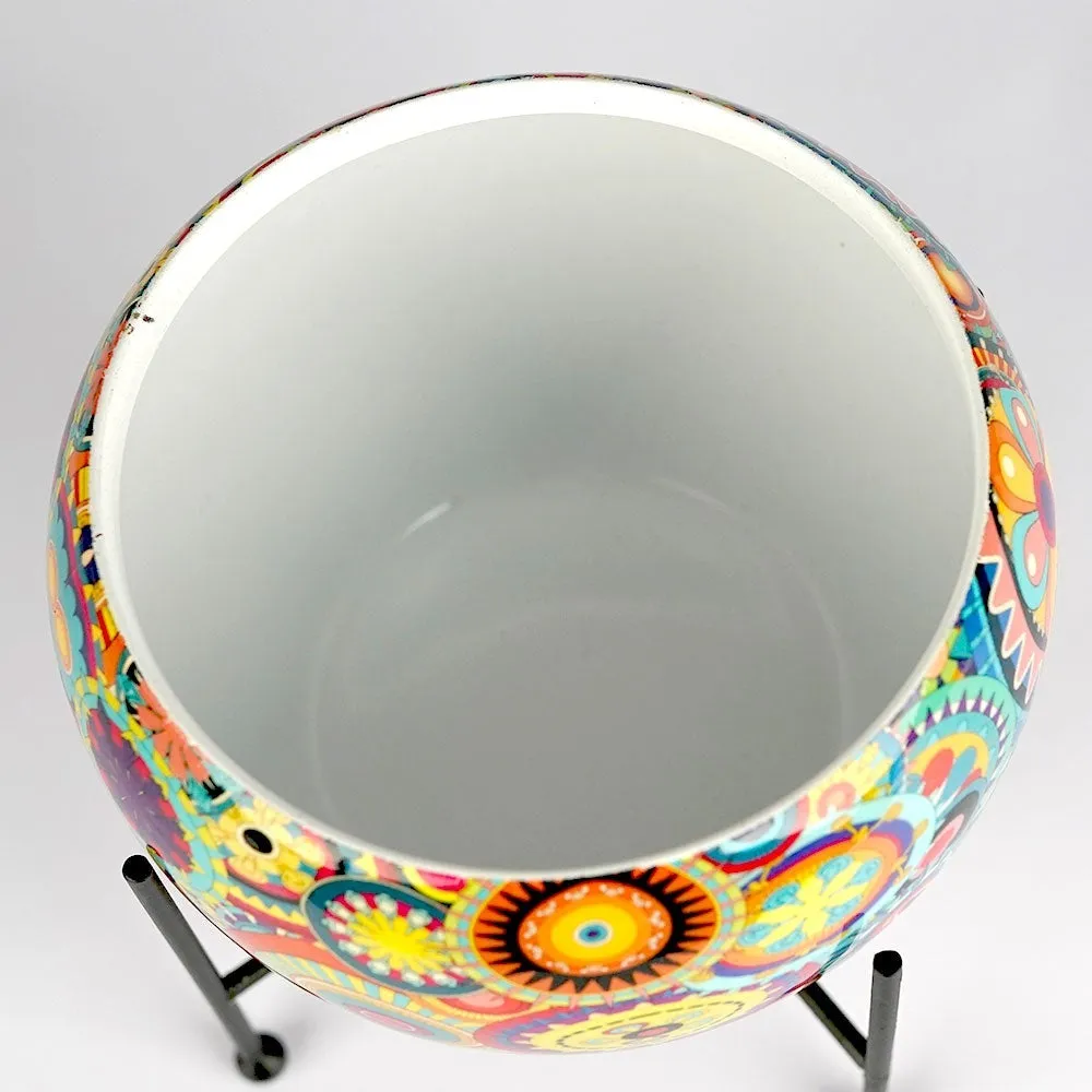 Playful Floral Metal Printed Planter With Stand