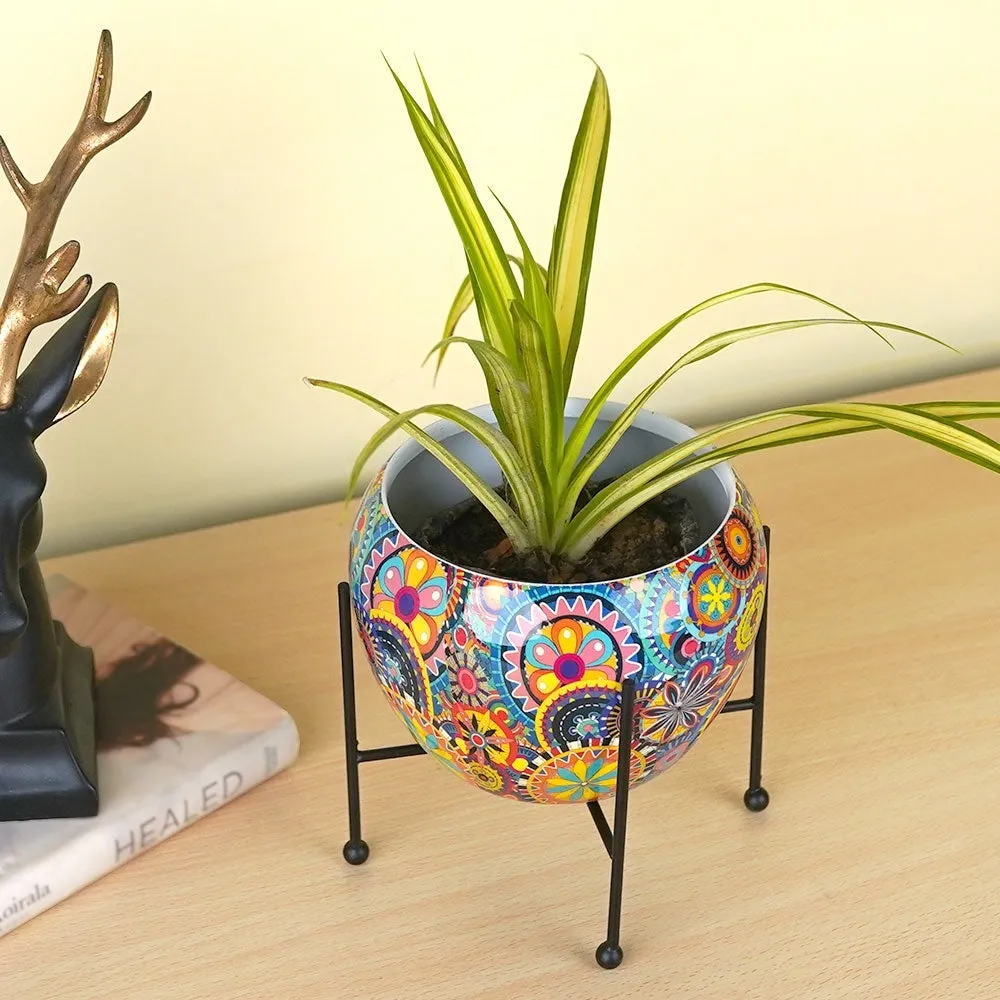 Playful Floral Metal Printed Planter With Stand