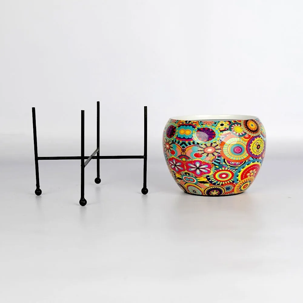 Playful Floral Metal Printed Planter With Stand