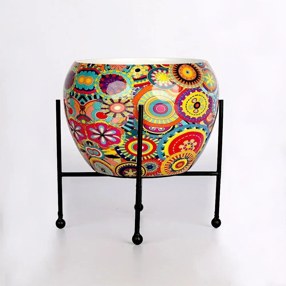 Playful Floral Metal Printed Planter With Stand