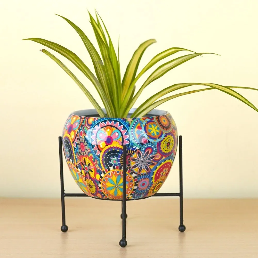 Playful Floral Metal Printed Planter With Stand