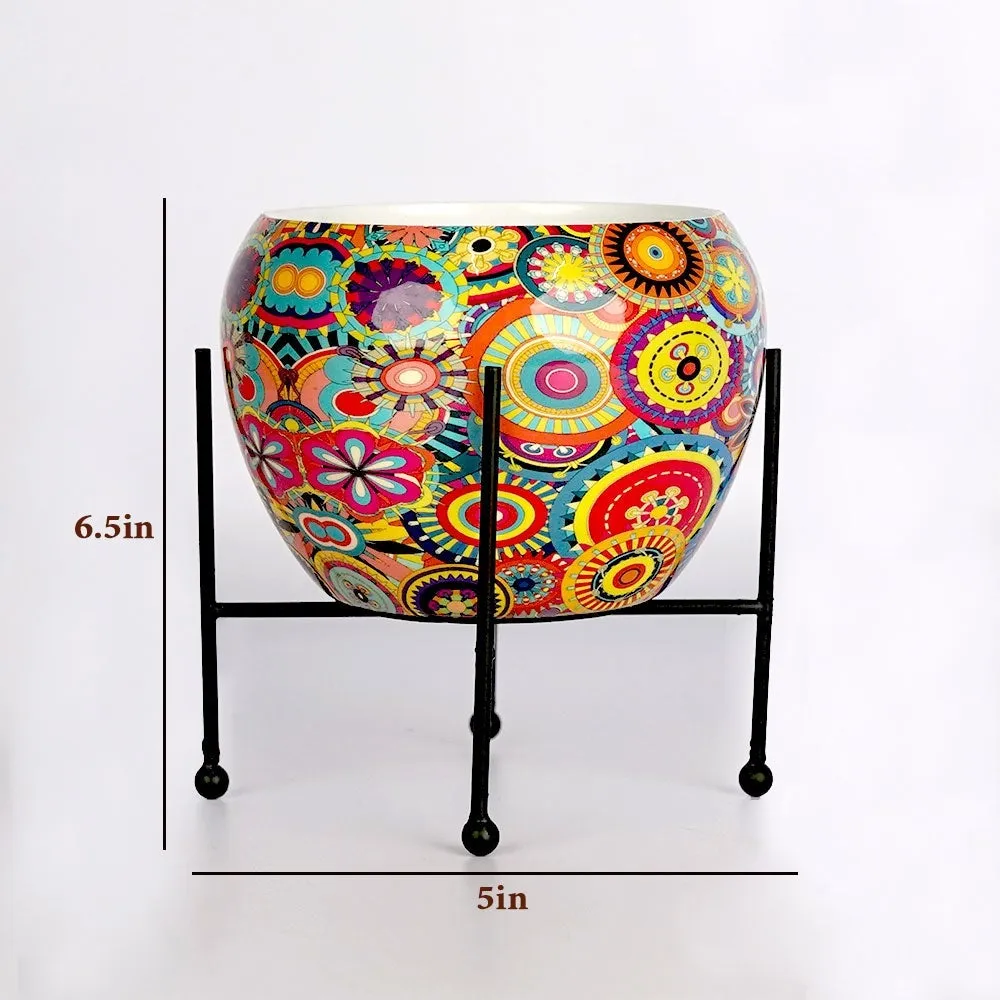 Playful Floral Metal Printed Planter With Stand