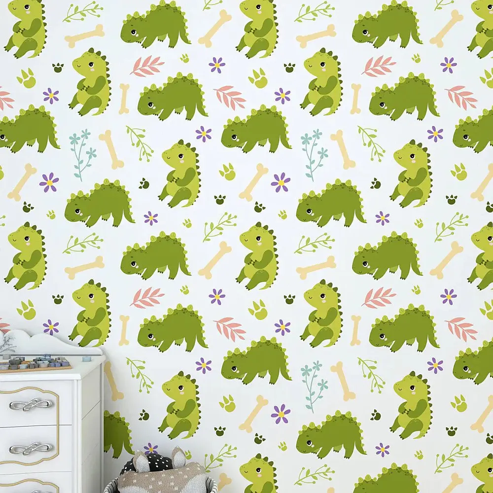 Playful Green Dino Kids Self Adhesive Wallpaper