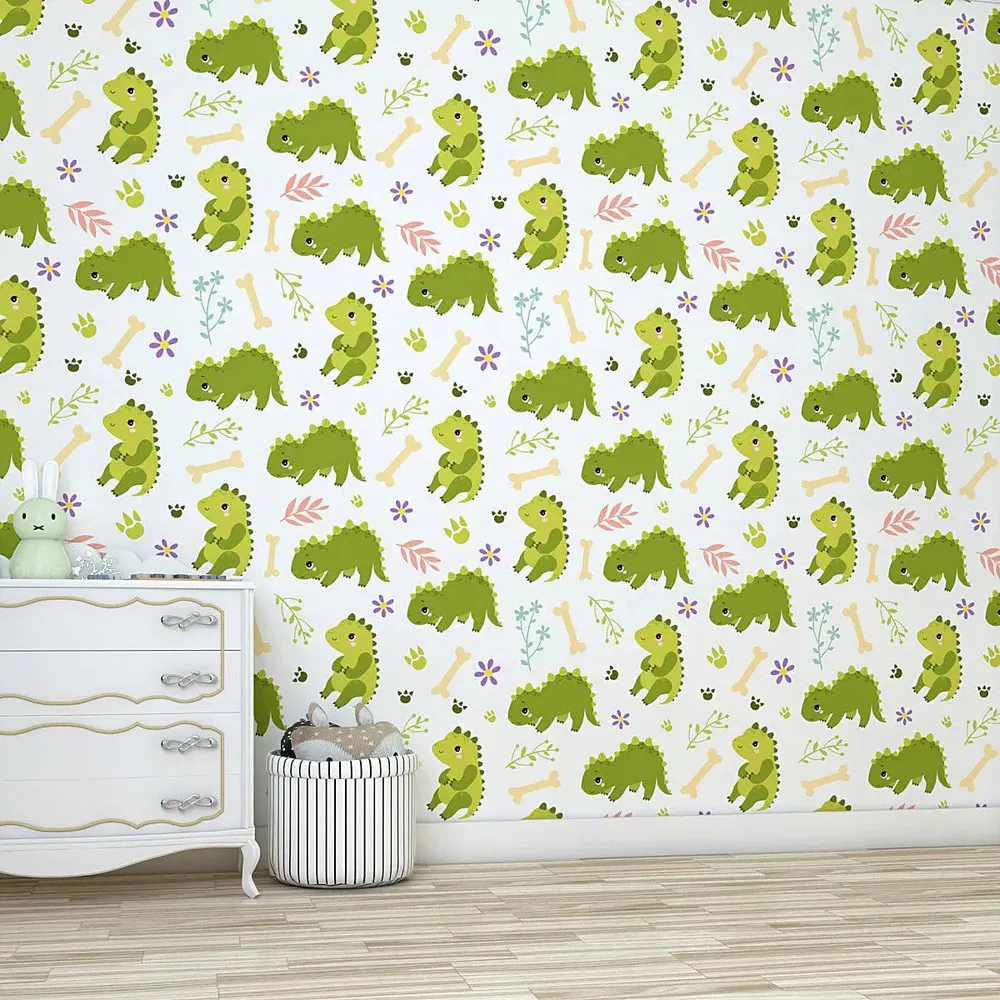 Playful Green Dino Kids Self Adhesive Wallpaper