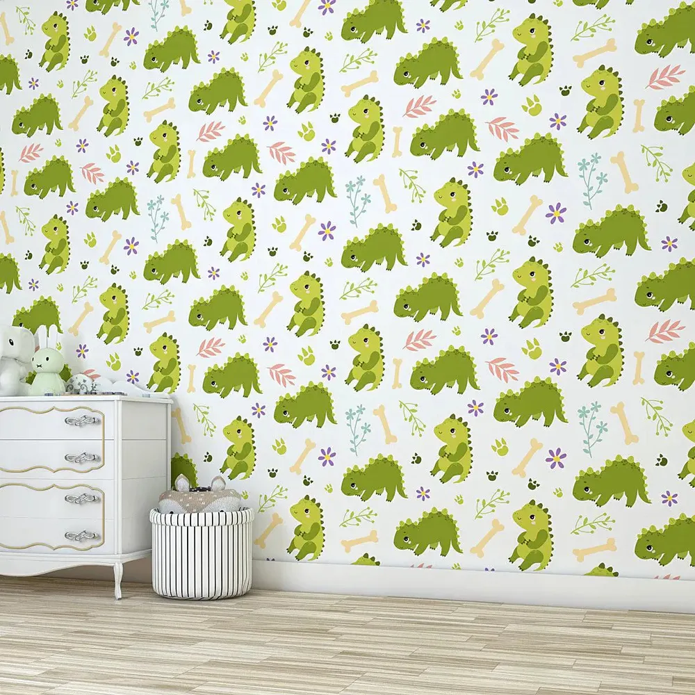 Playful Green Dino Kids Self Adhesive Wallpaper