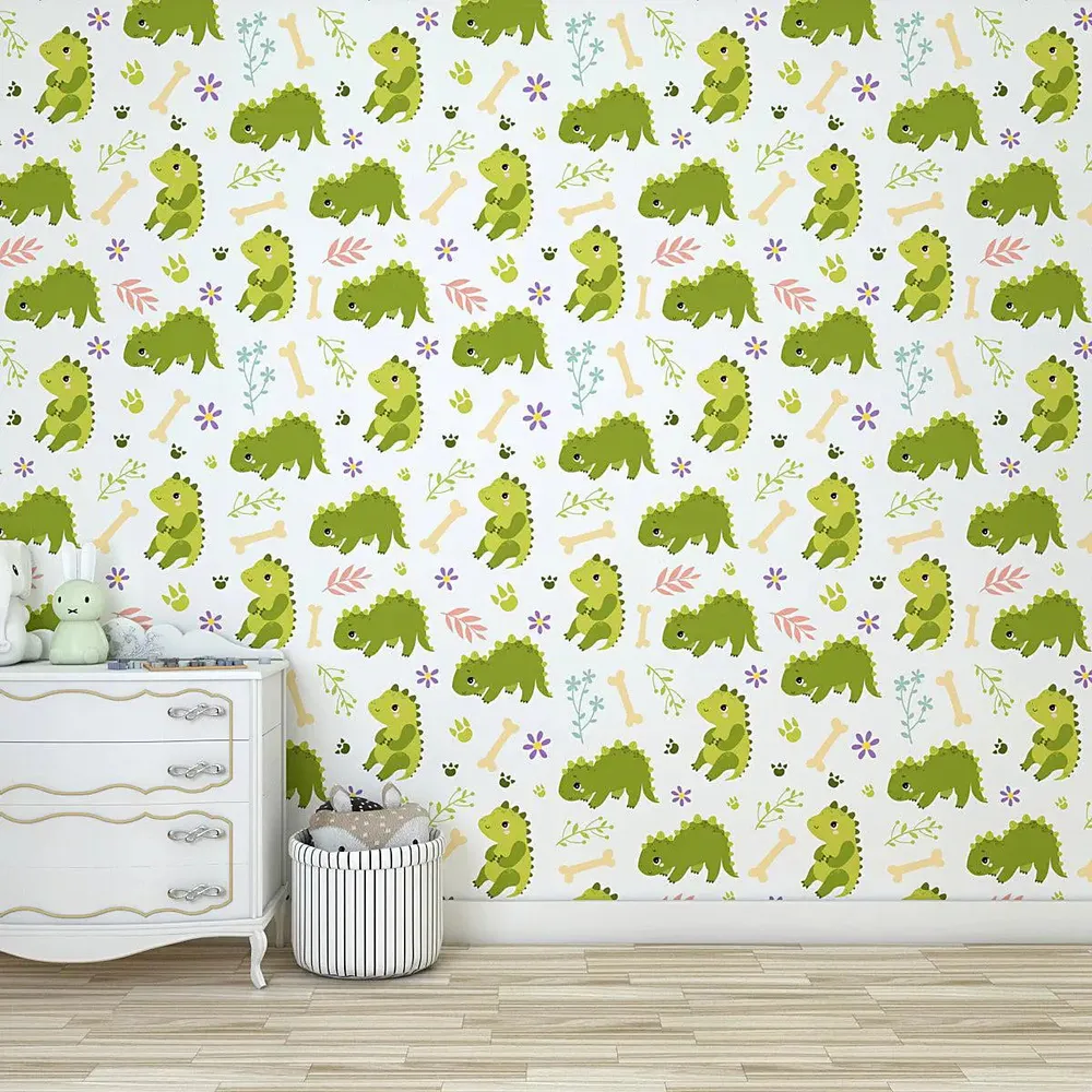 Playful Green Dino Kids Self Adhesive Wallpaper